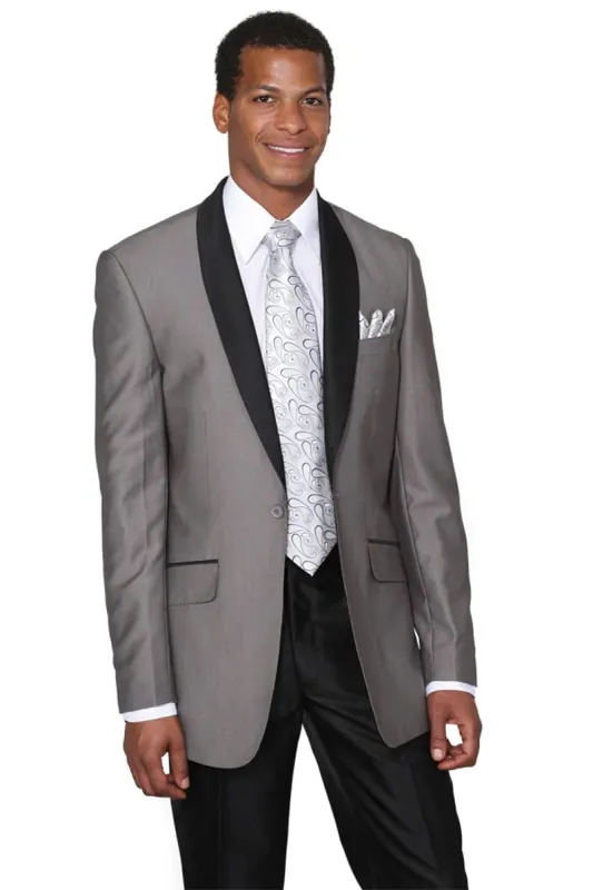 Mens 1 Button Black Shawl Lapel Tuxedo in Grey sold by Alberto Nardoni