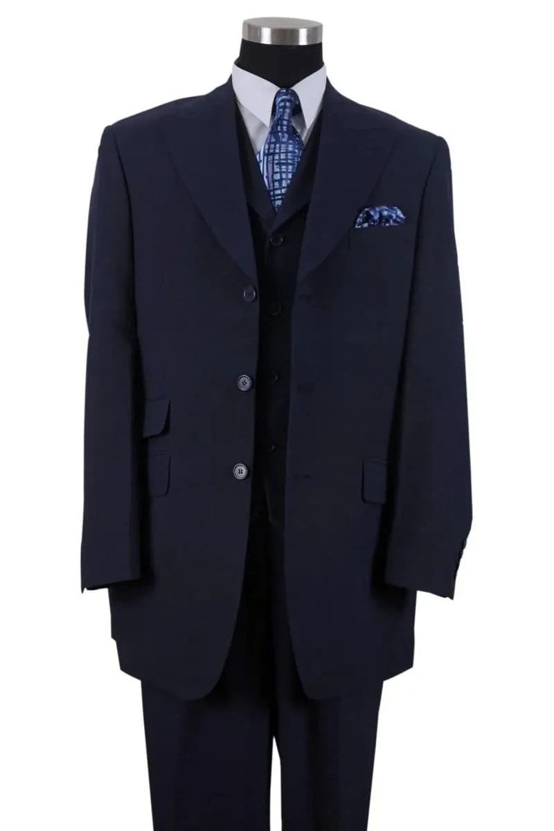 Mens 3 Button Vested Wide Peak Lapel Suit with Semi-Wide Pants in Navy sold by Alberto Nardoni