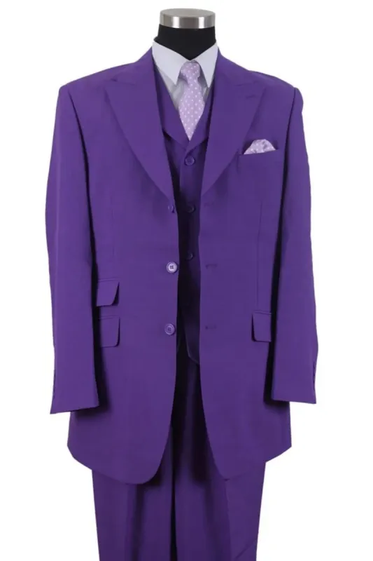 Mens 3 Button Vested Wide Peak Lapel Suit with Semi-Wide Pants in Purple sold by Alberto Nardoni
