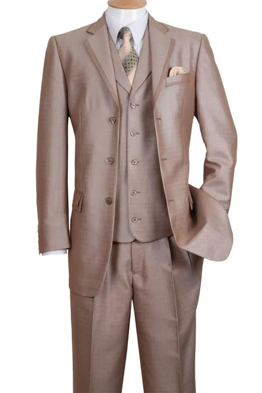 Mens 3 Button Vested Fashion Suit with Lapel Trim in Tan sold by Alberto Nardoni