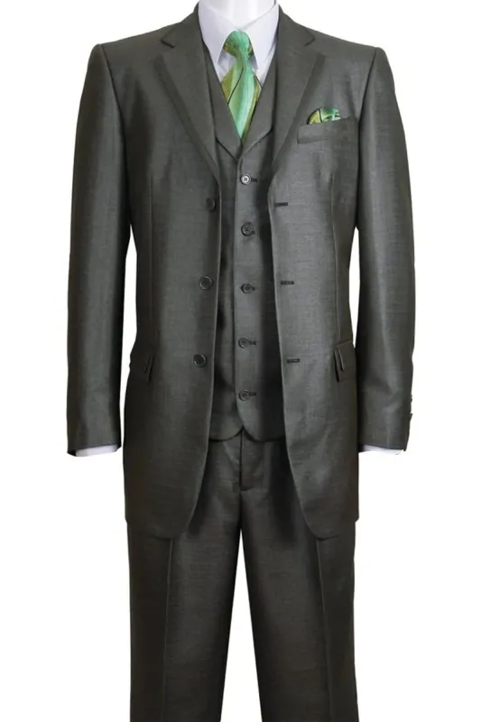 Mens 3 Button Vested Fashion Suit with Lapel Trim in Olive sold by Alberto Nardoni