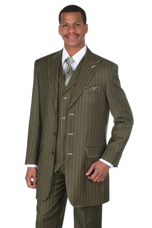Mens 3 Button Vested Wide Peak Lapel 1920's Gangster Pinstripe Suit in Olive sold by Alberto Nardoni
