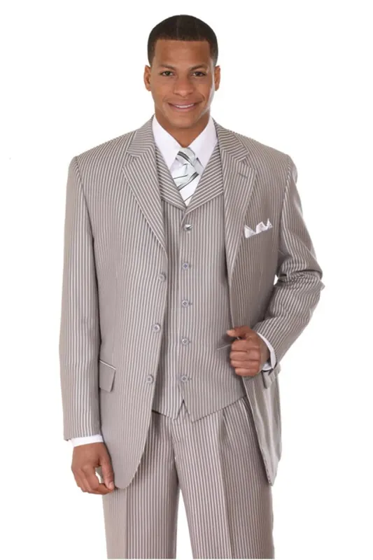 Mens 3 Button Vested Tonal Stripe Suit in Grey sold by Alberto Nardoni