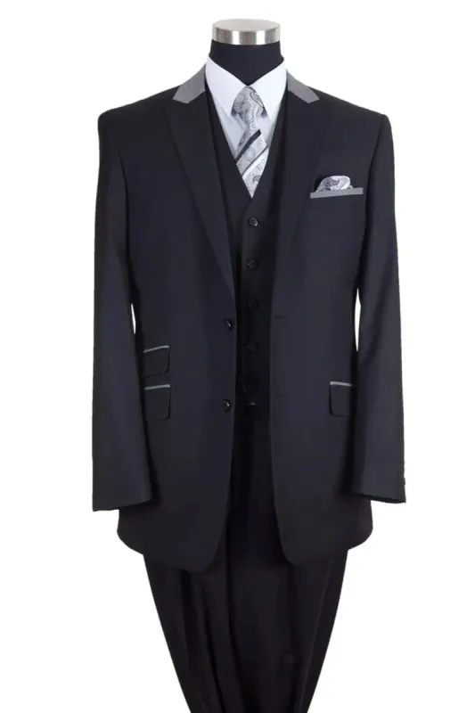 Mens Vested Peak Lapel with Contrast Collar Suit in Black/Grey sold by Alberto Nardoni