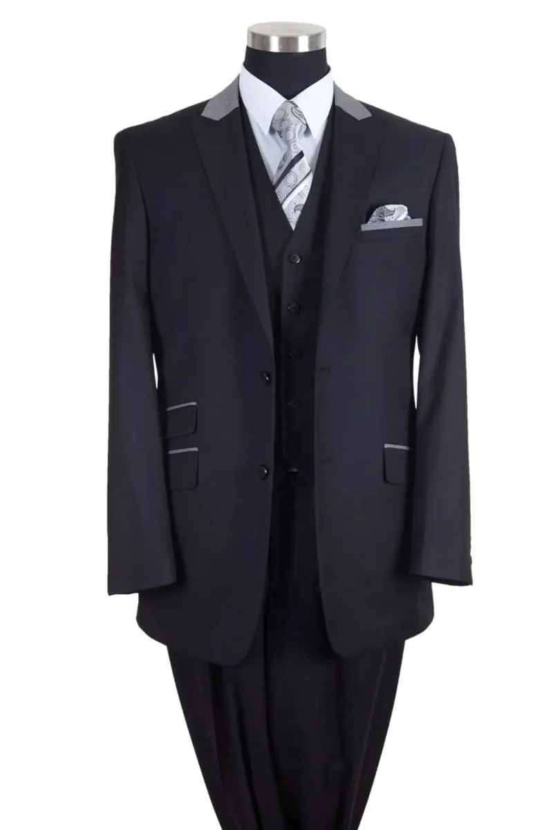 Mens Vested Peak Lapel with Contrast Collar Suit in Black/Grey sold by Alberto Nardoni