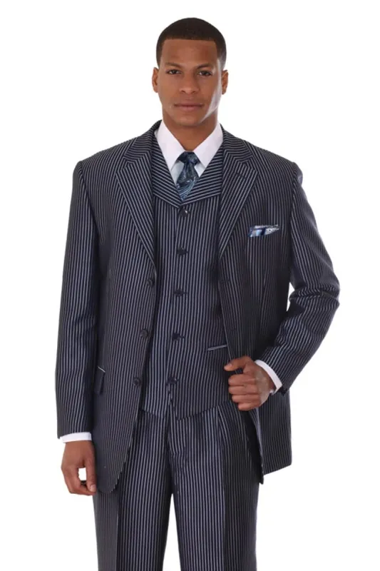Mens 3 Button Vested Tonal Stripe Suit in Navy sold by Alberto Nardoni