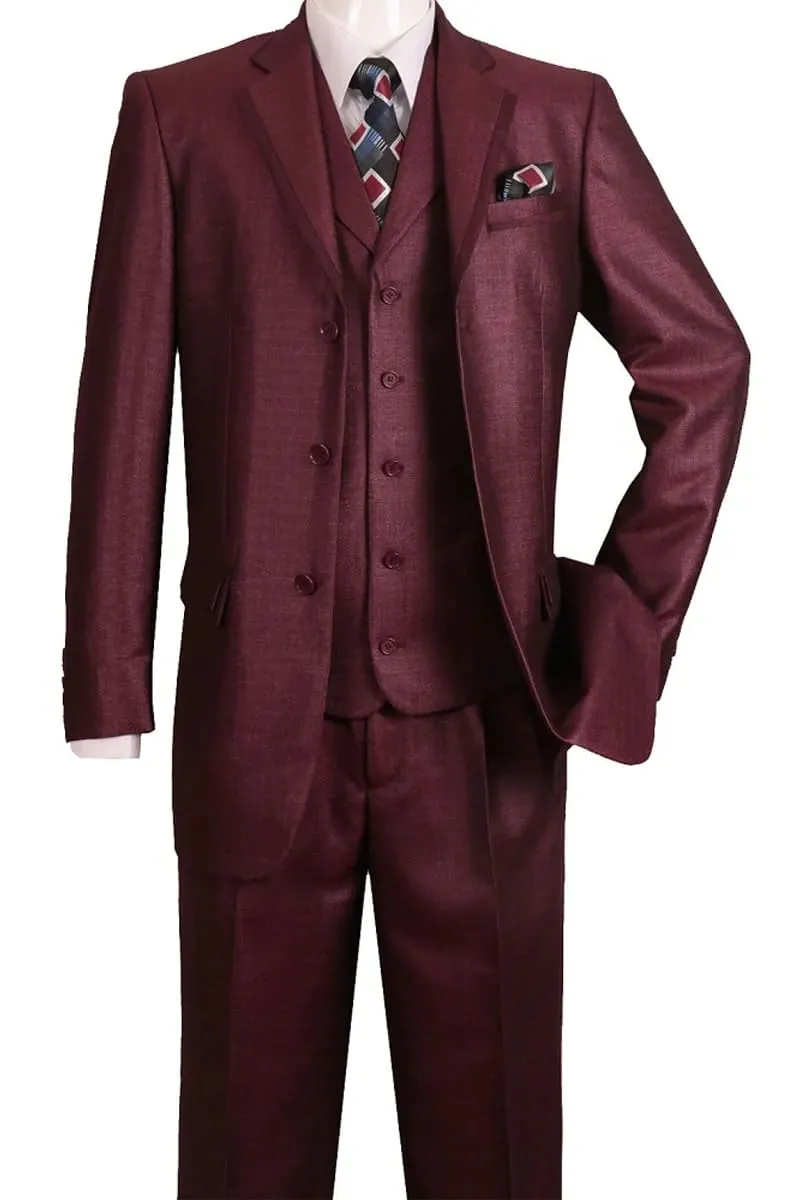 Mens 3 Button Vested Fashion Suit with Lapel Trim in Burgundy sold by Alberto Nardoni