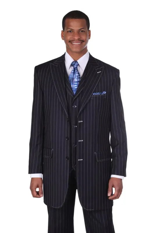 Mens 3 Button Vested Wide Peak Lapel 1920's Gangster Pinstripe Suit in Navy sold by Alberto Nardoni