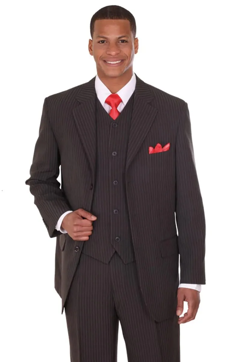 Mens Vested 3 Button Classic Fit Banker Pinstripe Suit in Charcoal sold by Alberto Nardoni