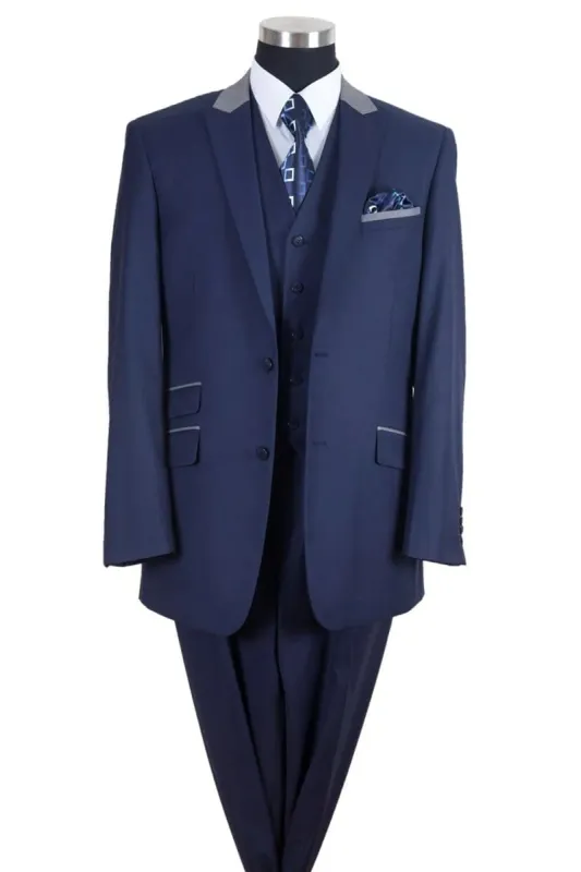 Mens Vested Peak Lapel with Contrast Collar Suit in Navy/Grey sold by Alberto Nardoni