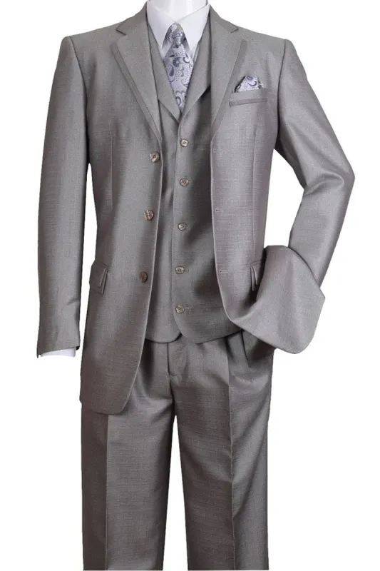 Mens 3 Button Vested Fashion Suit with Lapel Trim in Silver sold by Alberto Nardoni