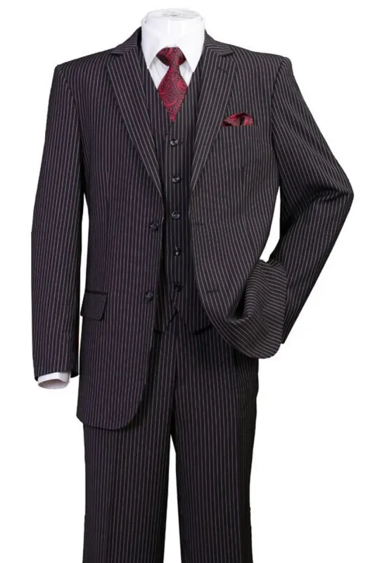 Mens 2 Button Vested Bold Gangster Pinstripe Suit in Black sold by Alberto Nardoni