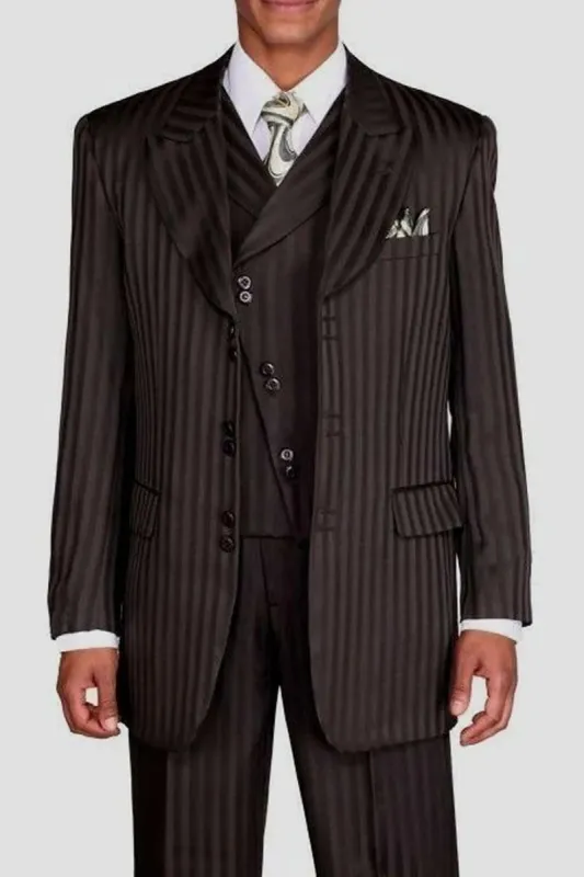 Mens Vested Wide Peak Lapel Ton on Ton Stripe Fashion Suit in Black sold by Alberto Nardoni