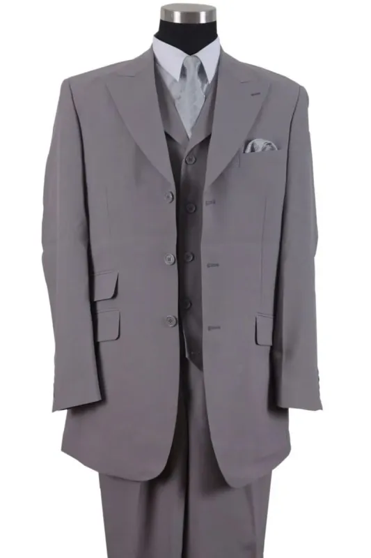 Mens 3 Button Vested Wide Peak Lapel Suit with Semi-Wide Pants in Grey sold by Alberto Nardoni