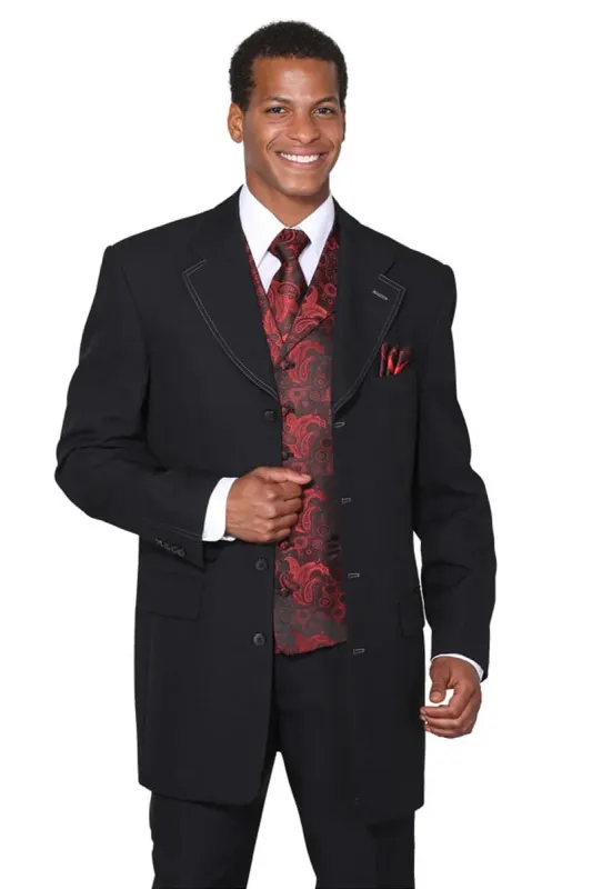 Mens 3/4 Length 4 button Contrast Stitching Suit with Paisley Vest in Black/Red sold by Alberto Nardoni