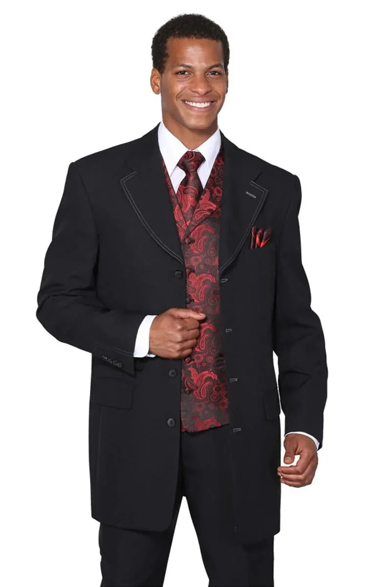 Mens 3/4 Length 4 button Contrast Stitching Suit with Paisley Vest in Black/Red sold by Alberto Nardoni