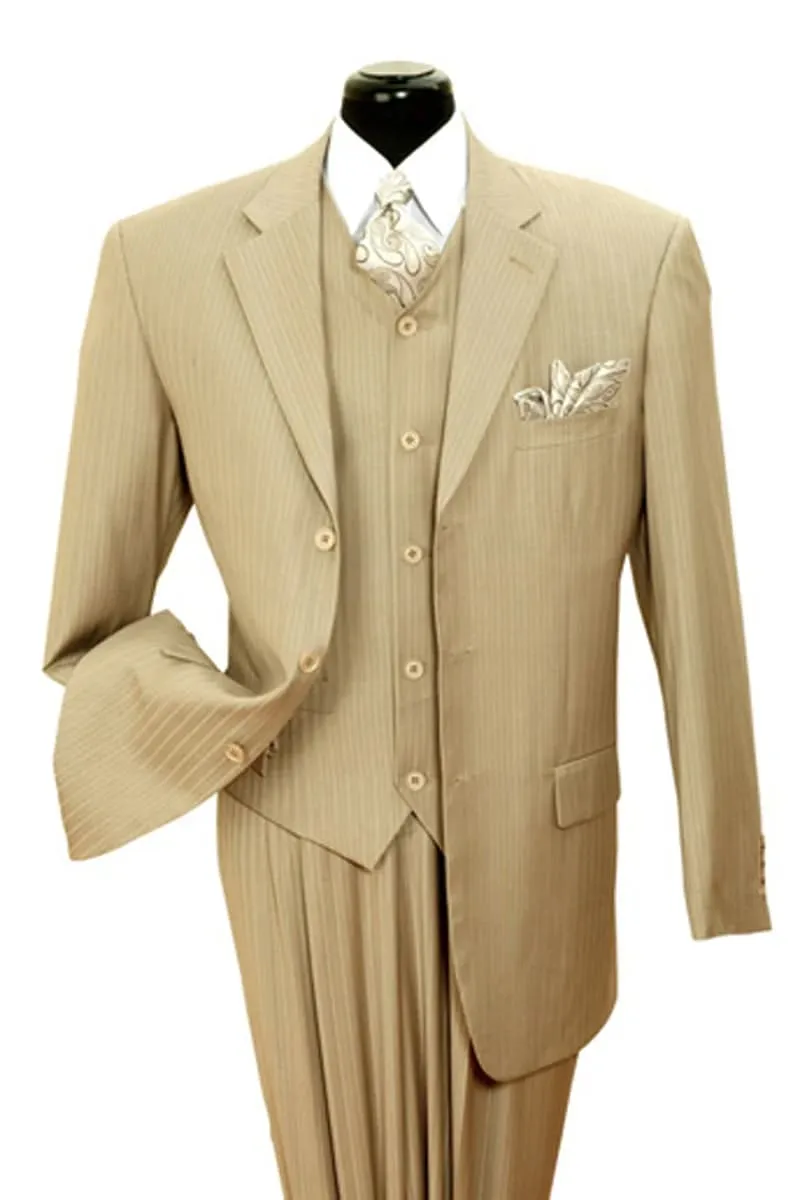 Mens Vested Wide Tonal Stripe Suit in Tan sold by Alberto Nardoni