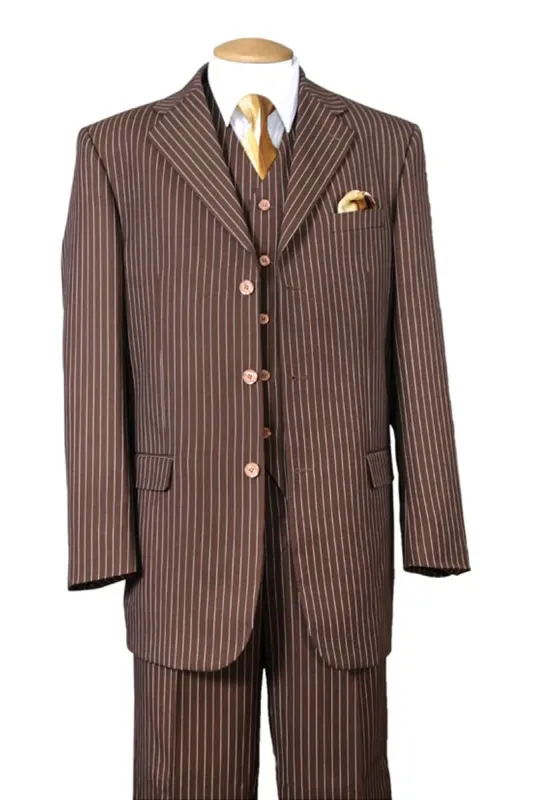 Mens Vested 3 Button 1920's Bold Gangster Chalk Pinstripe Suit in Brown sold by Alberto Nardoni