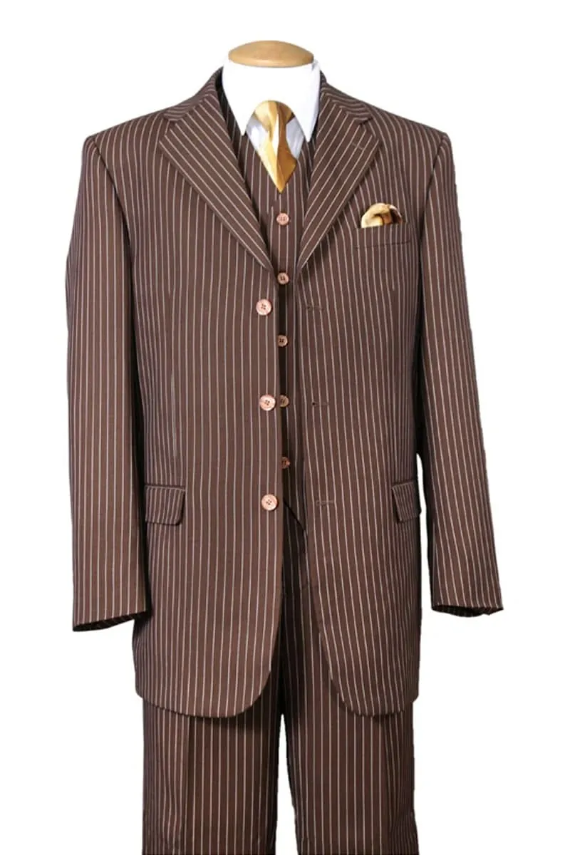 Mens Vested 3 Button 1920's Bold Gangster Chalk Pinstripe Suit in Brown sold by Alberto Nardoni