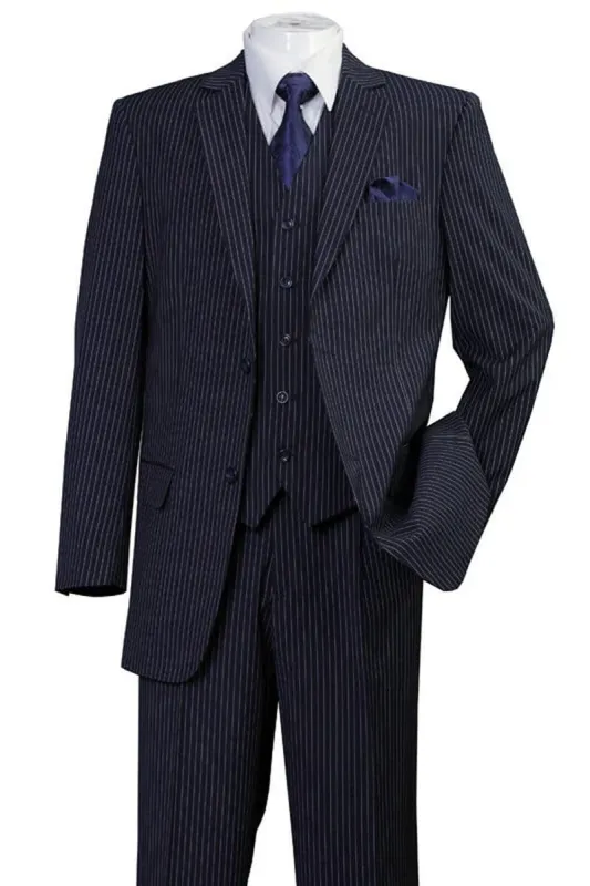 Mens 2 Button Vested Bold Gangster Pinstripe Suit in Navy sold by Alberto Nardoni