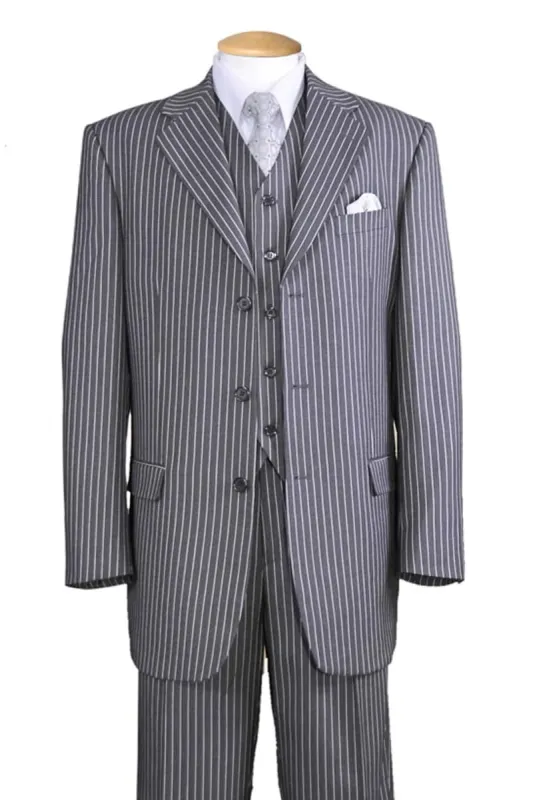 Mens Vested 3 Button 1920's Bold Gangster Chalk Pinstripe Suit in Grey sold by Alberto Nardoni