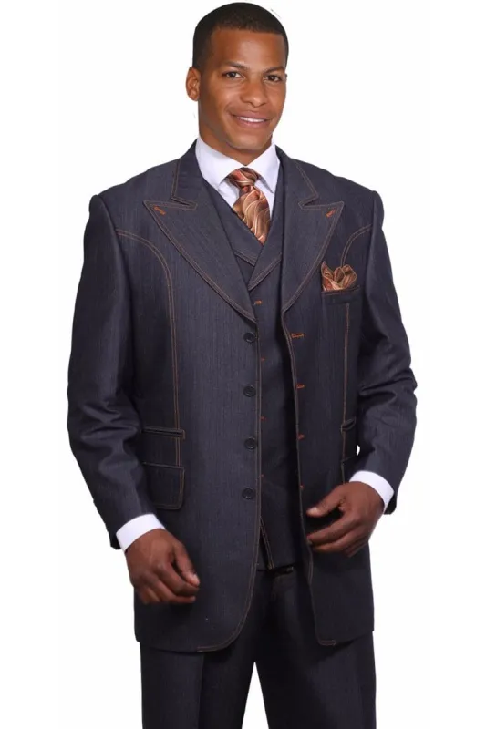 "Denim Blue Jeans Men's Suit with Vested 4 Button Wide Peak Lapel - Navy Blue" sold by Alberto Nardoni