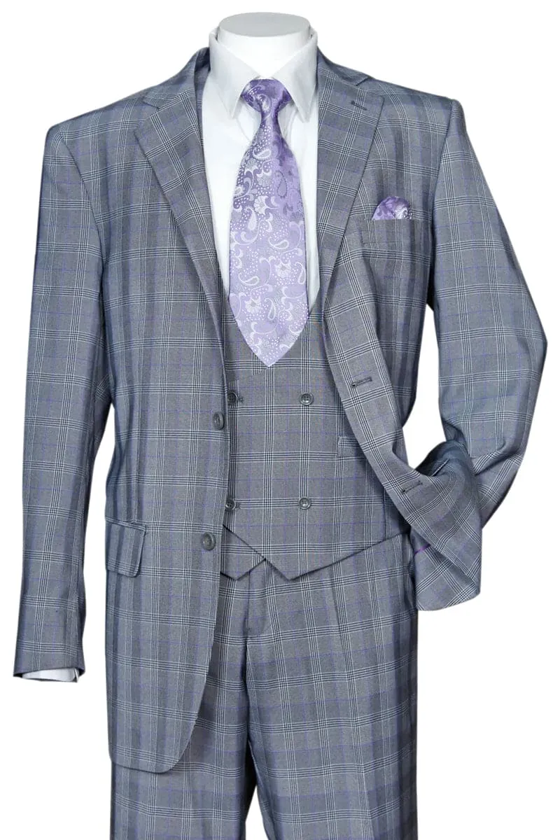 "Grey Modern Fit Plaid Windowpane Men's Suit with Double-Breasted Vest" sold by Alberto Nardoni