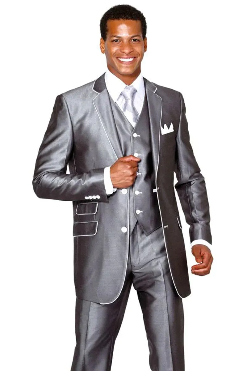 "Sharkskin Slim Fit Tuxedo Suit with Vest - Silver Grey, White Piping" sold by Alberto Nardoni