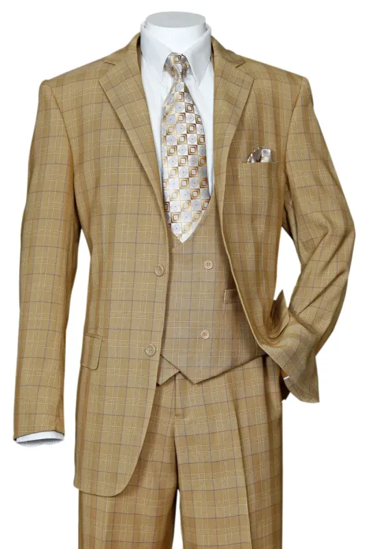 "Tan Plaid Windowpane Men's Modern Fit Suit with Double-Breasted Vest" sold by Alberto Nardoni