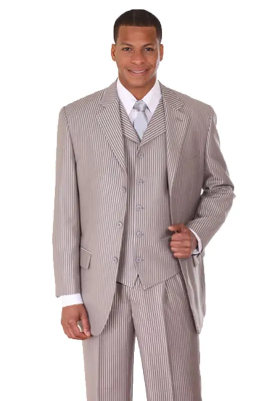 "Sharkskin Pinstripe Suit: Men's Silver Grey 3-Button Vested Style" sold by Alberto Nardoni