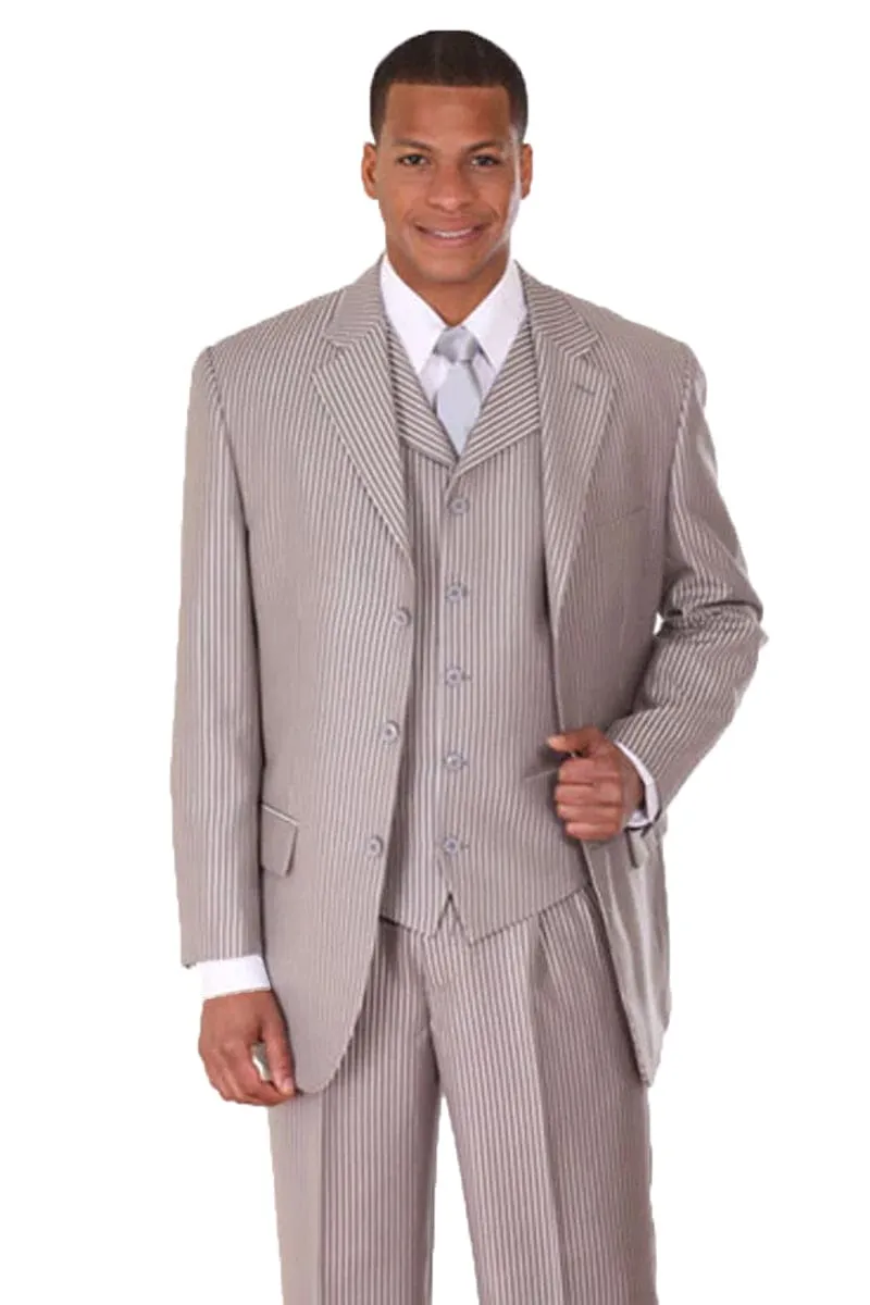 "Sharkskin Pinstripe Suit: Men's Silver Grey 3-Button Vested Style" sold by Alberto Nardoni