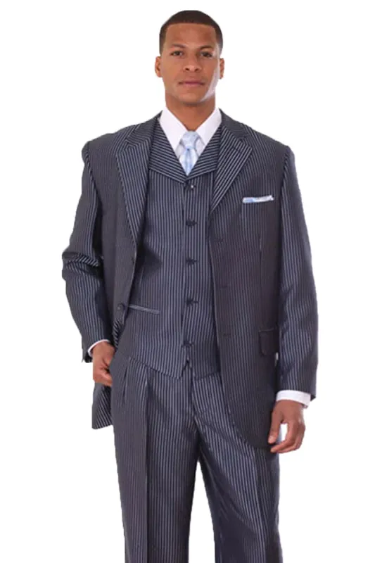 "Sharkskin Navy Blue Men's Suit - 3 Button Vested Pinstripe Style" sold by Alberto Nardoni