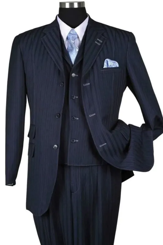 "Navy Blue Men's 3-Button Vested Pinstripe Fashion Suit" sold by Alberto Nardoni