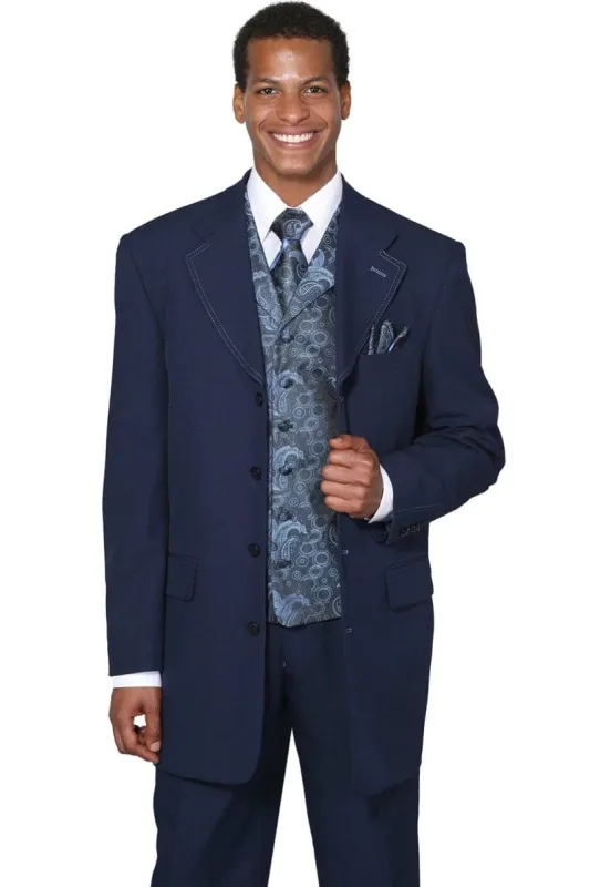 "Navy Men's 4-Button Long Vested Fashion Suit with Paisley Vest" sold by Alberto Nardoni