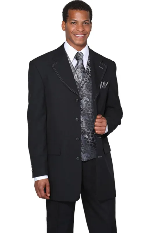 "Black Men's Fashion Suit with Silver Paisley Vest - 4 Button Long Vested" sold by Alberto Nardoni
