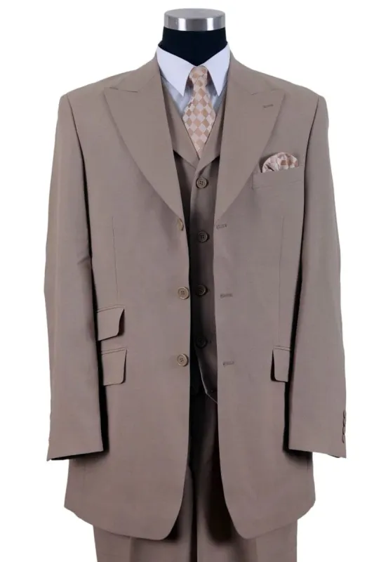 "Tan Men's Fashion Suit with 3-Button Vested Wide Peak Lapel" sold by Alberto Nardoni