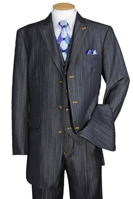 "Men's Navy Blue Denim Suit - 3 Button Vested Peak Lapel" sold by Alberto Nardoni