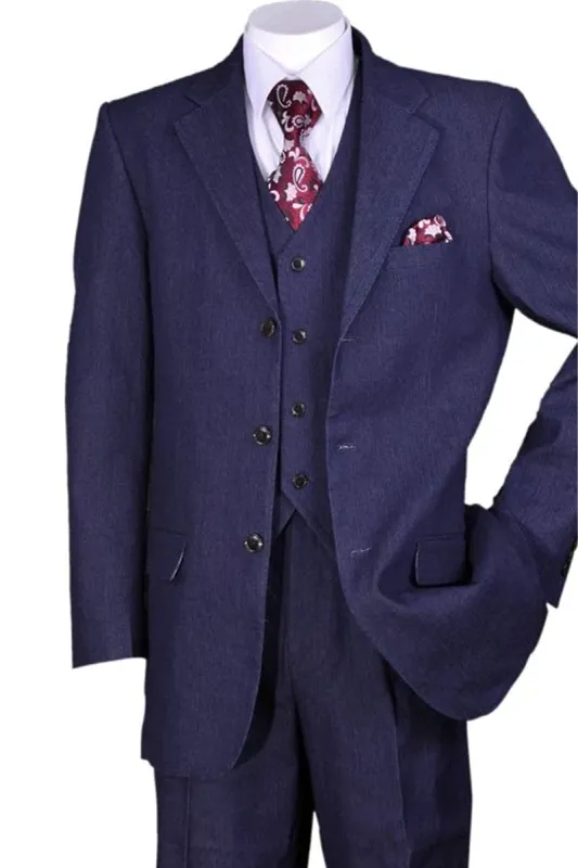 "Men's Navy Blue Denim 3-Button Vested Suit - Stylish Jeans Attire" sold by Alberto Nardoni