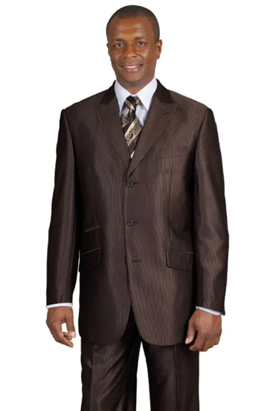 "Sharkskin Micro Pinstripe Suit - Mens Brown 3 Button Peak Lapel" sold by Alberto Nardoni