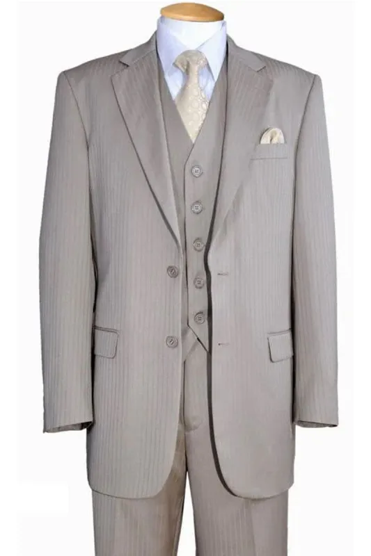 "Tan Pinstripe Wool-Feel Men's Suit with 2-Button Vest" sold by Alberto Nardoni