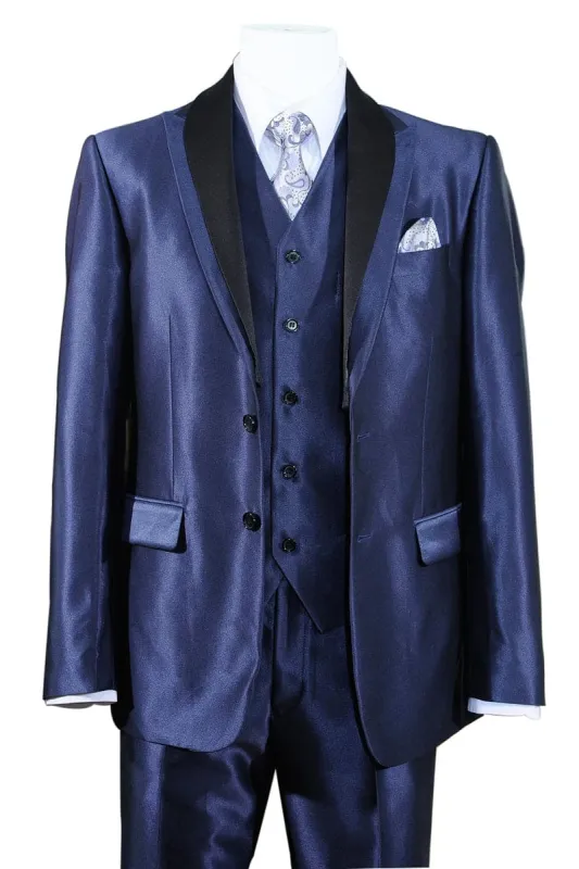 "Sharkskin Tuxedo Suit: Slim Fit, 2-Button Vested, Men's Navy Blue" made by Alberto Nardoni