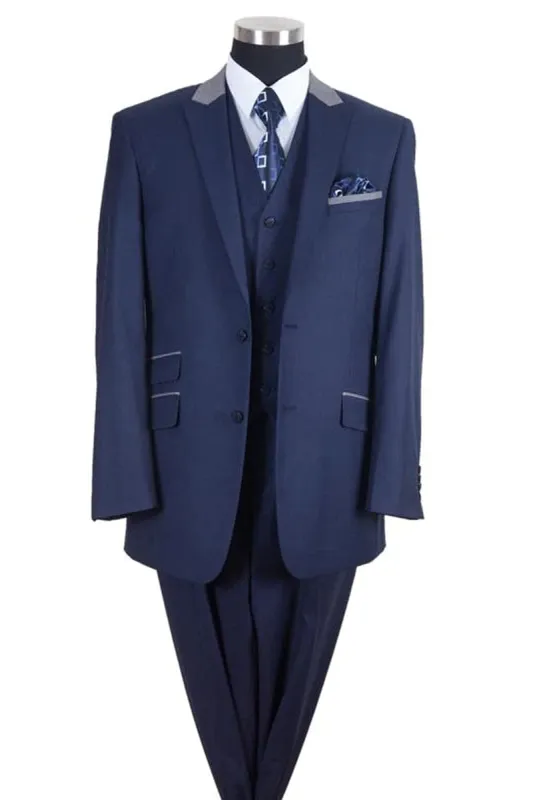 "Peak Lapel 2-Button Men's Suit with Vest - Navy & Silver Grey Contrast Collar" sold by Alberto Nardoni