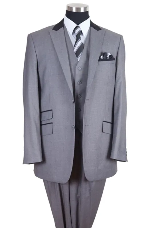 "Grey and Black Men's Suit with Peak Lapel - 2 Button Vested Contrast Collar" sold by Alberto Nardoni