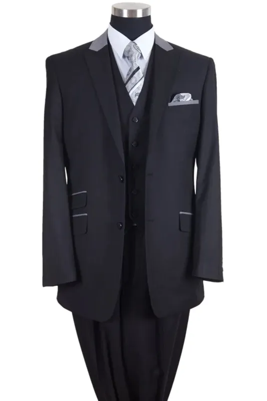 "Peak Lapel Men's Suit - 2 Button Vested with Contrast Collar in Black & Grey" sold by Alberto Nardoni