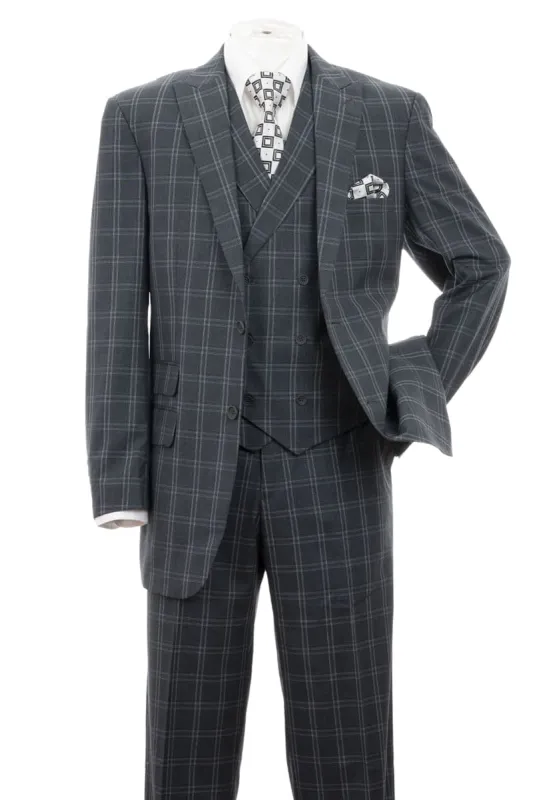 "Grey Windowpane Plaid Men's Double Breasted 2 Button Vest Suit" sold by Alberto Nardoni