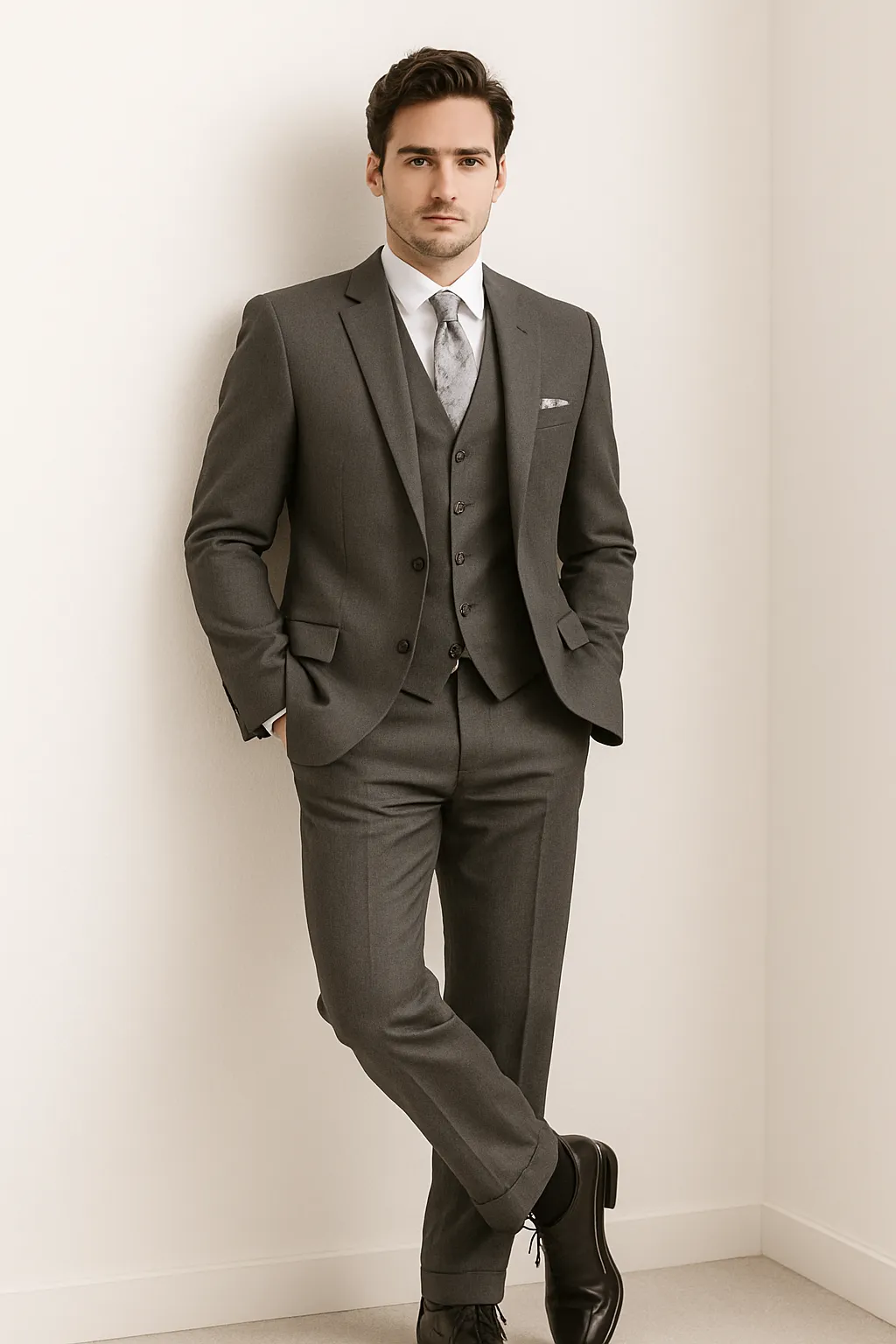 "Charcoal Grey Men's 2-Button Suit with Pleated Pants & Double-Breasted Vest" sold by Alberto Nardoni product image thumbnail 3