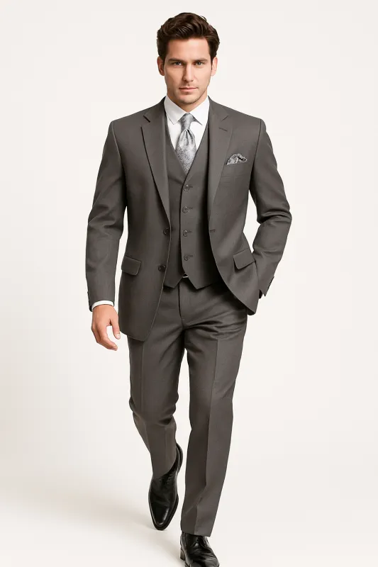 "Charcoal Grey Men's 2-Button Suit with Pleated Pants & Double-Breasted Vest" sold by Alberto Nardoni