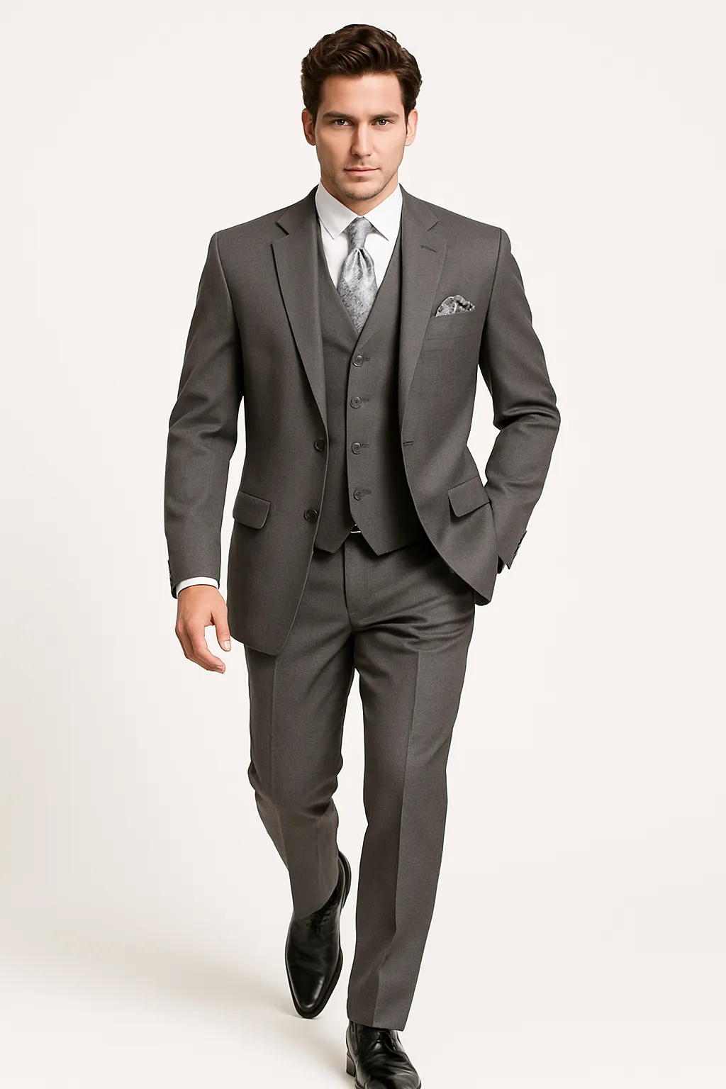 "Charcoal Grey Men's 2-Button Suit with Pleated Pants & Double-Breasted Vest" sold by Alberto Nardoni