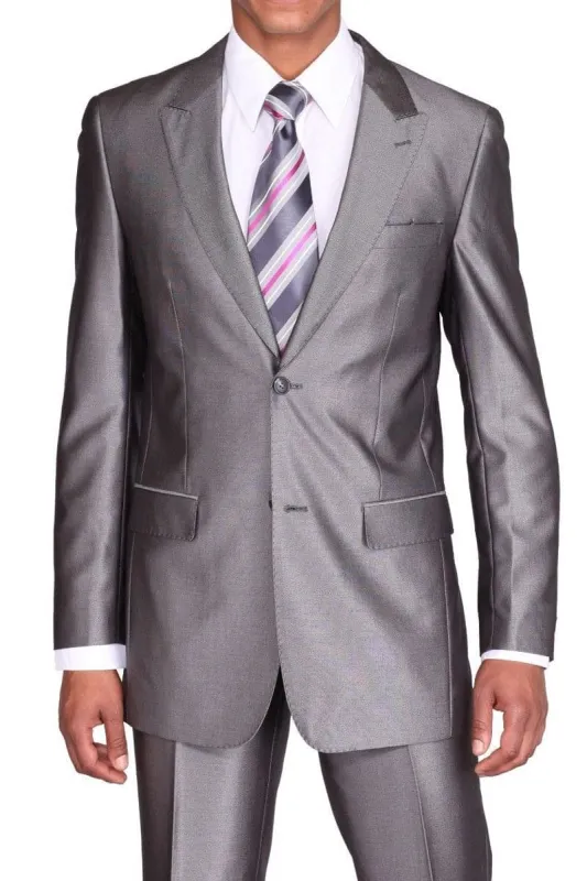 "Sharkskin Slim Fit Suit for Men - Grey, 2 Button Peak Lapel" sold by Alberto Nardoni