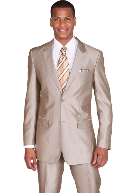 "Sharkskin Slim Fit Suit for Men - 2 Button Peak Lapel in Tan" sold by Alberto Nardoni